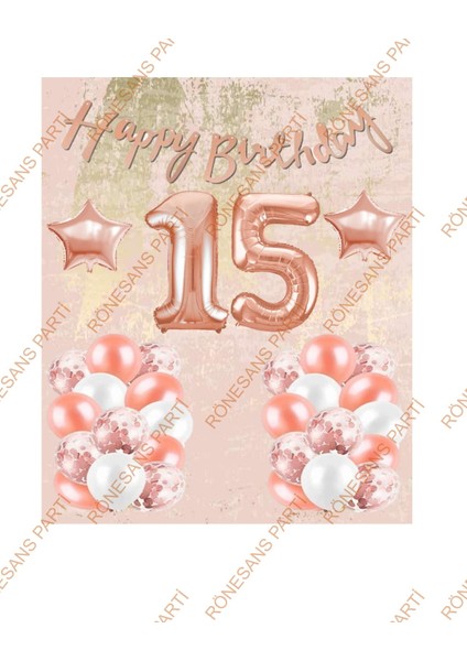 Happy Bırthday Kaligrafi Banner Yıldızlı Balon Seti 15 Yaş