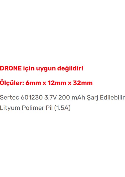 601230 3.7V 200 Mah Şarj Edilebilir Lityum Polimer Pil (1.5A)