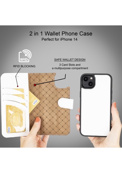 Apple iPhone 14 Plus Uyumlu Deri Cüzdanlı Kılıf Mwwn F3 Beyaz