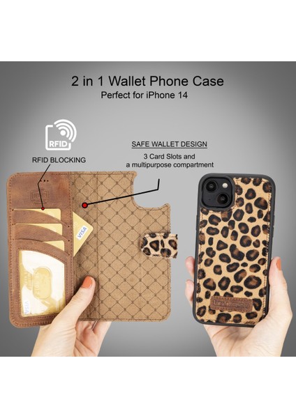Apple iPhone 14 Plus Uyumlu Deri Cüzdanlı Kılıf Mwwn Leo1 Leopar
