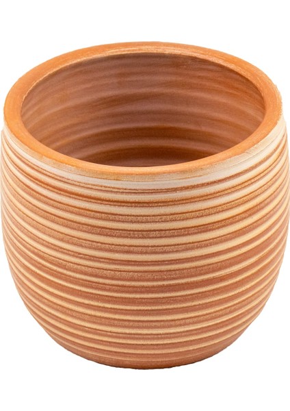 Ev Dekorasyon Yan Çizgi Desenli Toprak Saksı Saksılık Salon Çiçeklik - 19 CM