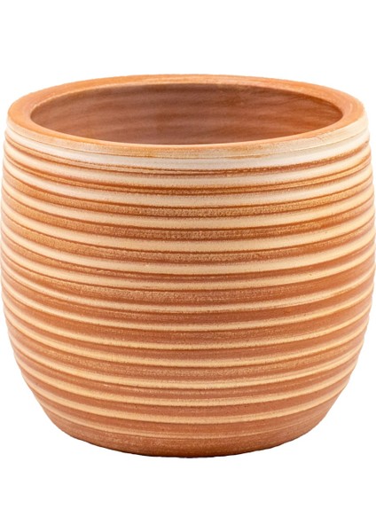 Ev Dekorasyon Yan Çizgi Desenli Toprak Saksı Saksılık Salon Çiçeklik - 19 CM