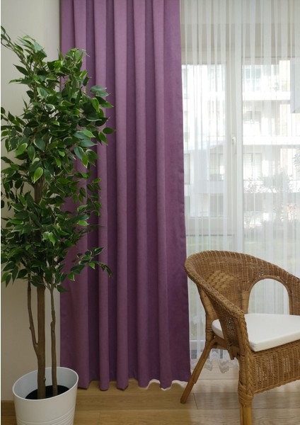 Taç Eflatun Petek Kadife Dokulu Fon Perde, 1/2 Seyrek Pile, 50 x 270 cm