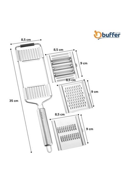 Buffer® Ayarlanabilir 3 Farklı Başlıklı Tutmalı Sebze Dilimleyici Peynir Rendeleyici Aparat