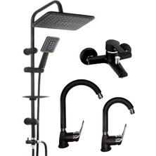 Armilla Armatür Siyah Krom 4’lü Full Set Robot Duş Banyo Bataryası Banyo Lavabo ve Mutfak Eviye Musluğu Bataryası Siyah Krom Lüx Tasarım