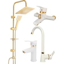 Armilla Armatür Altın Robot Duş Sistemi Beyaz Mutfak Eviye Banyo ve Beyaz Kartal Lavabo Musluğu Bataryası 4’lü Set Beyaz Set Gold