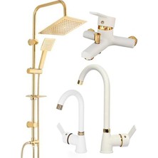 Armilla Armatür Altın Renk Robot Duş Sistemi Beyaz Mutfak Eviye Banyo ve Beyaz Lavabo Musluğu Bataryası 4’lü Set