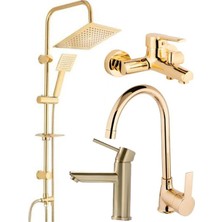 Armilla Armatür Altın Renk Robot Duş Sistemi Mutfak Eviye Banyo ve Kartal Lavabo Musluğu Bataryası 4’lü Set Gold