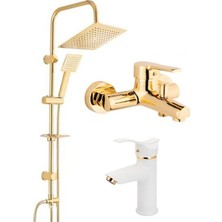 Armilla Armatür Kare Gold Robot Duş Sistemi Banyo Bataryası ve Beyaz Gold Kartal Lavabo Bataryası Musluğu 3’lü Set Gold Kare Byz