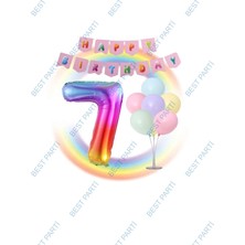 Best Parti Gökkuşağı Folyo Balon Happy Bırthday Banner ve Balonlu Balon Standı 7 Yaş