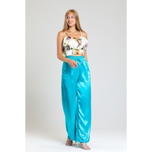 Sense Gipe Detaylı  Cepli Bol Paça Saten Pantolon | PNT34217 Yeşil