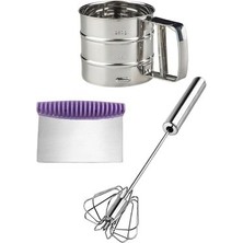 Un Eleği + Çelik Yumurta Çırpıcı Mikser Karıştırıcı + Hamur Kesici Spatula