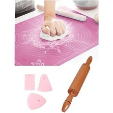 Ölçekli 65*45 cm Silikon Hamur Açma Matı & Ahşap Cilalı Merdane & 3'lü Pasta Dekorasyon Seti