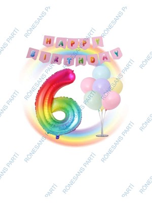 Rönesans Parti Gökkuşağı Folyo Balon Happy Bırthday Banner ve Balonlu Balon Standı 6 Yaş