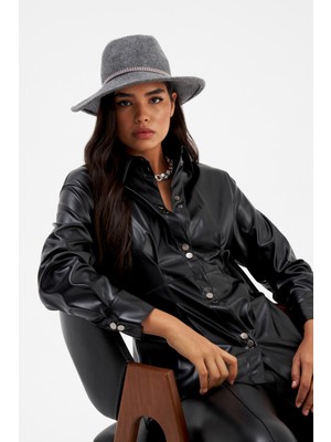 Çıtçıt Detaylı Uzun Deri Gömlek - SİYAH