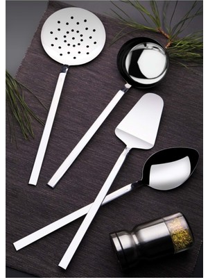 Lüx Paslanmaz Çelik Kepçe Kevgir Kaşık Spatula Servis Seti Takımı 4'lü