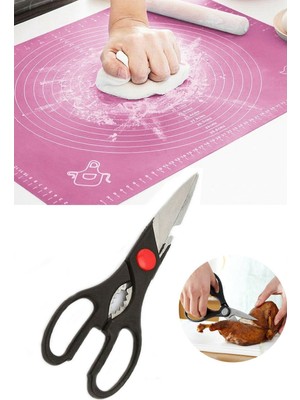 Birinci Kalite Silikon Hamur Açma Matı 50*40 cm ve Paslanmaz Çelik Et, Tavuk Börek Mutfak Makası