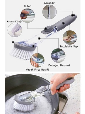 2 Başlıklı Deterjan Hazneli Saplı Temizlik ve Bulaşık Fırçası