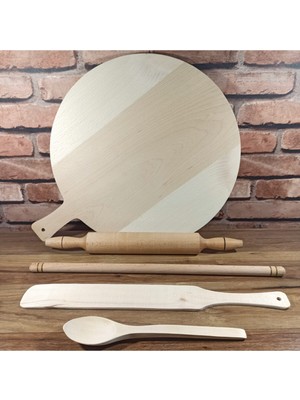 Mdf Hamur Açma Tahtası  Orta Merdane  Kısa Oklava  45CM Çevirici Tahta Kaşık (5 Parçalı Set) 40CM
