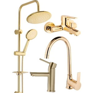 Armilla Armatür Altın Renk Yuvarlak Robot Duş Sistemi Mutfak Eviye Banyo ve Kartal Lavabo Musluğu Bataryası 4’lü Set Gold