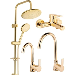 Armilla Armatür Altın Renk Yuvarlak Robot Duş Sistemi Mutfak Eviye Banyo ve Lavabo Musluğu Bataryası 4’lü Set Gold