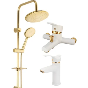 Armilla Armatür Yuvarlak Gold Robot Duş Beyaz Banyo Batarya ve Beyaz Gold Kartal Lavabo Bataryası Musluğu 3’lü Set Yvrk