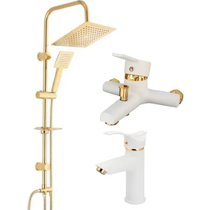 Armilla Armatür Kare Gold Robot Duş Beyaz Banyo Batarya ve Beyaz Gold Kartal Lavabo Bataryası Musluğu 3’lü Set Kare Byz 3