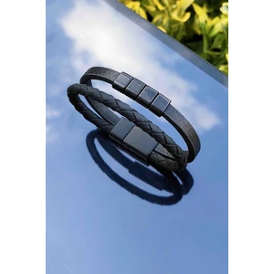 Trend Collection Erkek Hakiki Deri Bileklik Siyah Renk Çift Halatlı Bileklik