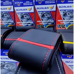 Gürler Oto Kılıf ve Aksesuar Fiat Linea Uyumlu Dikmeli Direksiyon Kılıfı Soft Siyah Deri Kırmızı Yüzüklü A+Plus ( 38×10.5cm )
