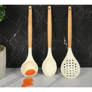 3'lü Bambu Saplı Silikon Mutfak Seti Kaşık Kepçe Kevgir Krem