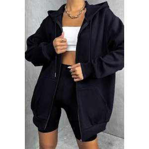 Kadin Kapüşonlu Lacivert Fermuarlı Polar 3 Üç Iplik Şardonlu Sweatshirt Zip Up Hoodie - K2204