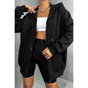 Kadin Kapüşonlu Siyah Fermuarlı Polar 3 Üç Iplik Şardonlu Sweatshirt Zip Up Hoodie - K2204