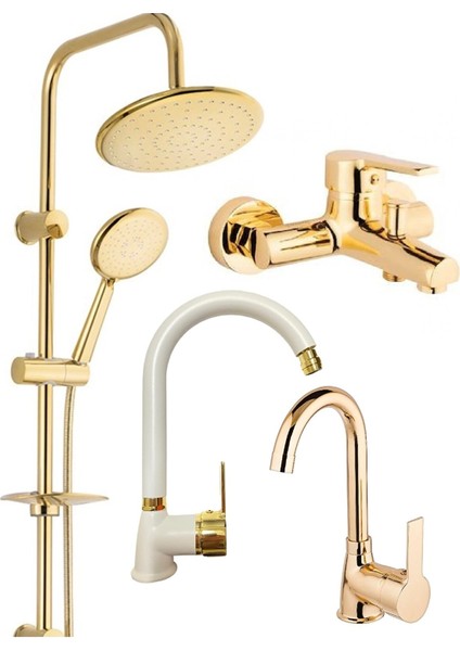 Gold Altın Yuvarlak Robot Seti, Gold Banyo, Gold Lavabo, Mutfak Bataryası Musluğu Çeşmesi 4'lü Set Lüx Gold Detay Tasarımlı