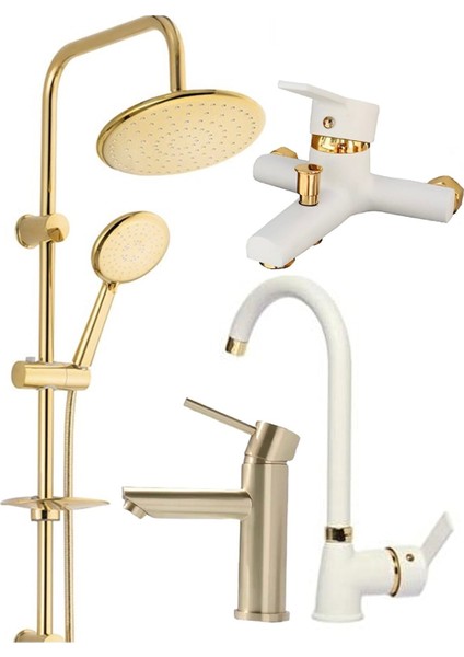 Robot Duş Sistemi Beyaz Banyo Beyaz Mutfak Eviye Gold Kartal Lavabo Musluğu Bataryası 4’lü Set Kartal Set