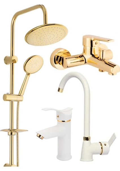 Gold Robot Duş Sistemi Gold Banyo Beyaz Mutfak Eviye Beyaz Kartal Lavabo Musluğu Bataryası 4’lü Set Beyaz Set Gold