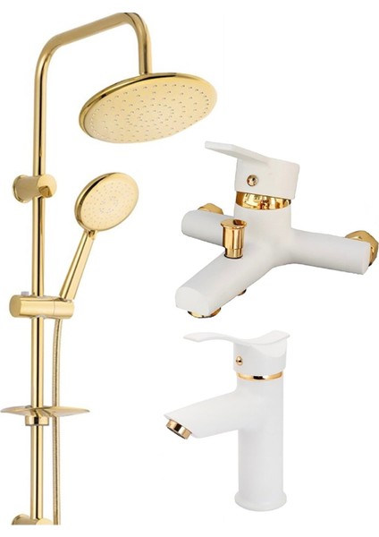 Yuvarlak Gold Robot Duş Beyaz Banyo Batarya ve Beyaz Gold Kartal Lavabo Bataryası Musluğu 3’lü Set Yvrk