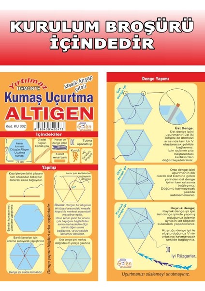 / Kumaş Altıgen Uçurtma Yapım Seti - Ahşap Çıtalı (Orta Boy)