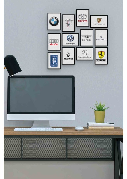 Araba Markaları 12 Parça Mdf (Ahşap) Tablo Ofis Boyu 30 x 30 cm cm