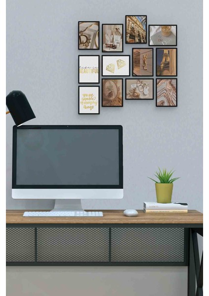 Altın Sarısı 12 Parça Mdf (Ahşap) Tablo Ofis Boyu 30 x 30 cm cm