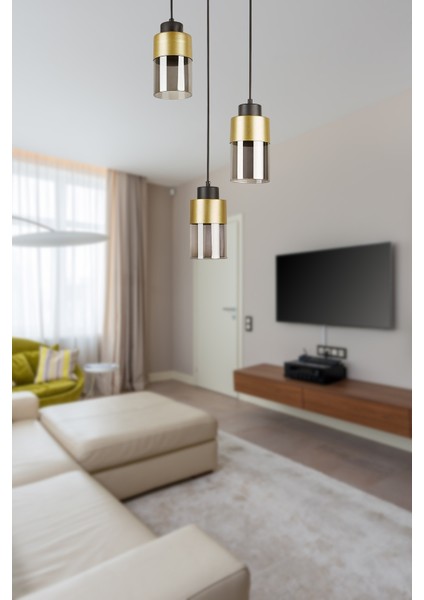 Mono Özel Tasarım Spor Modern Mutfak - Salon - Cafe Siyah Gold Renk Füme Camlı 3 Lü Avize