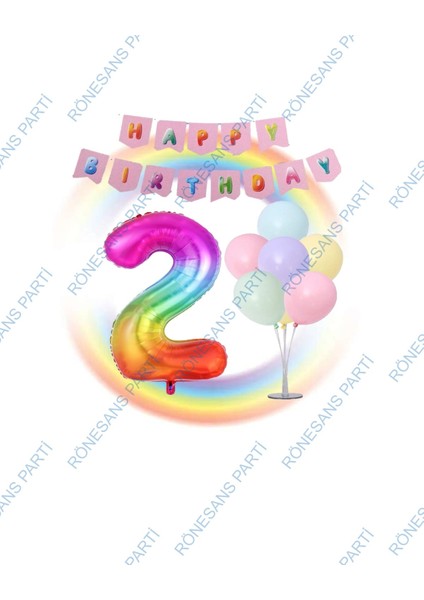 Gökkuşağı Folyo Balon Happy Bırthday Banner ve Balonlu Balon Standı 2 Yaş