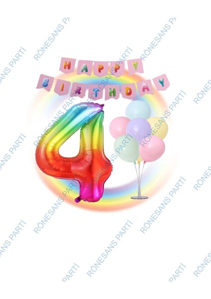 Gökkuşağı Folyo Balon Happy Bırthday Banner ve Balonlu Balon Standı 4 Yaş