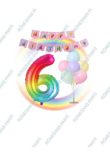 Gökkuşağı Folyo Balon Happy Bırthday Banner ve Balonlu Balon Standı 6 Yaş