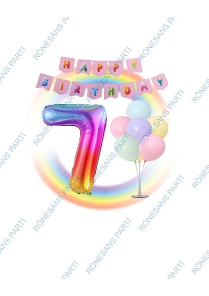 Gökkuşağı Folyo Balon Happy Bırthday Banner ve Balonlu Balon Standı 7 Yaş