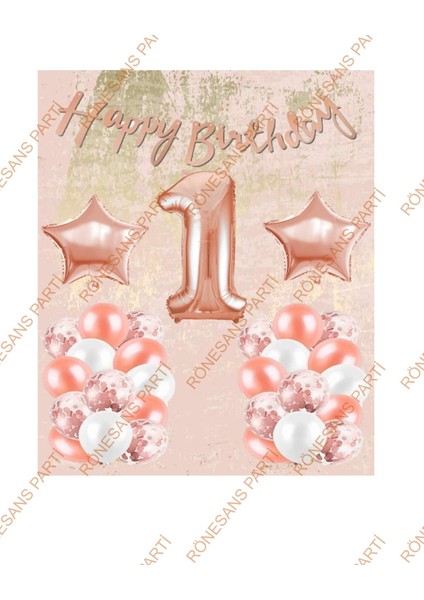 Happy Bırthday Kaligrafi Banner Yıldızlı Balon Seti 1 Yaş