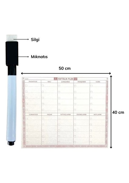 Şeffaf Kendiliğinden Yapışkanlı Kalemli Haftalık Planlayıcı 40 x 50 cm modelleri