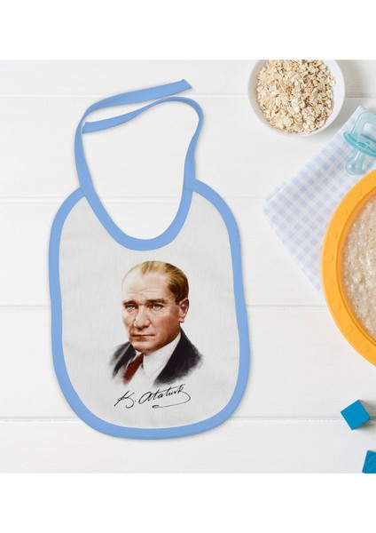 Kids Atatürk Temalı Mavi Bebek Mama Önlüğü-12