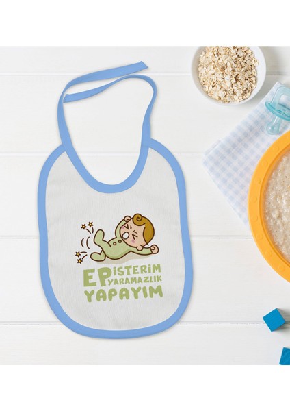 Kids Ep Isterim Tasarımlı Mavi Bebek Mama Önlüğü-2