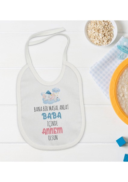Kids Masal Anlat Baba Tasarımlı Beyaz Bebek Mama Önlüğü-1
