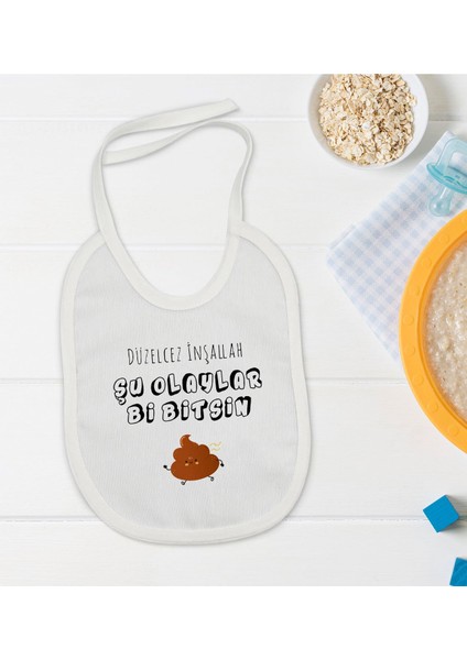 Kids Düzelcez Inşallah Tasarımlı Beyaz Bebek Mama Önlüğü-1